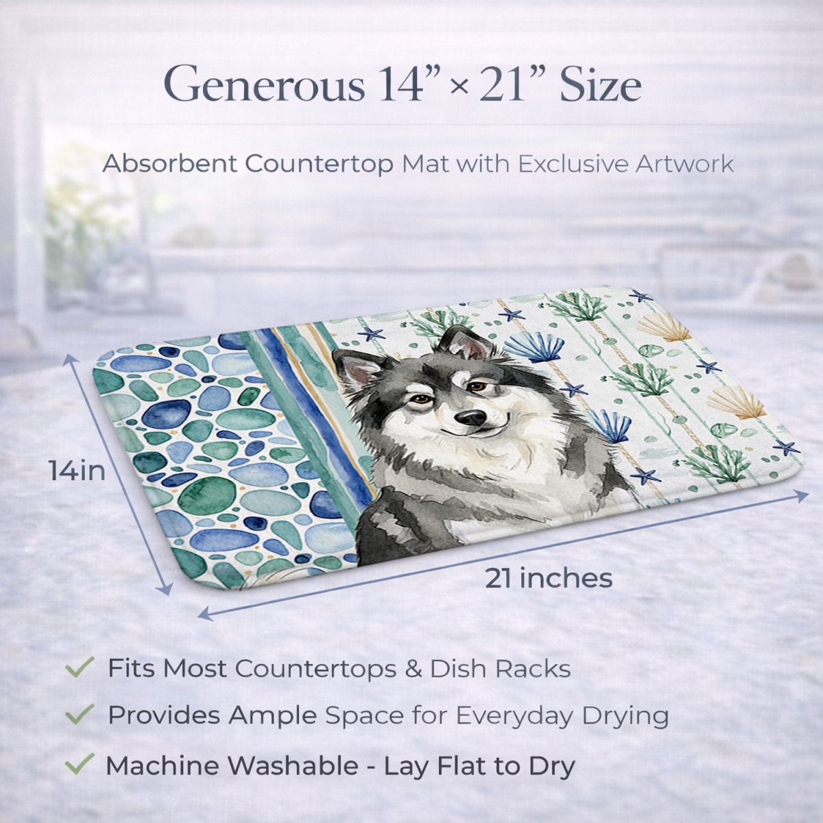 Picture of Carolines Treasures WDK7088DDM 21 x 14 in. Keeshond Coastal Sea Glass Dish Drying Mat