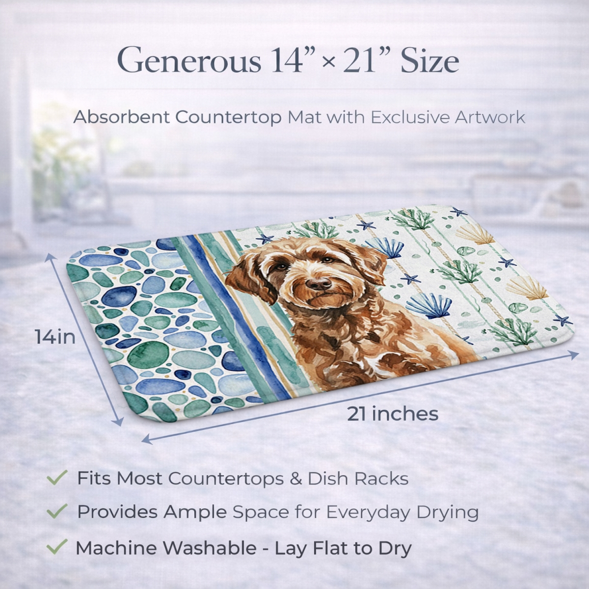 Picture of Carolines Treasures WDK7090DDM 21 x 14 in. Chocolate Labradoodle Coastal Sea Glass Dish Drying Mat