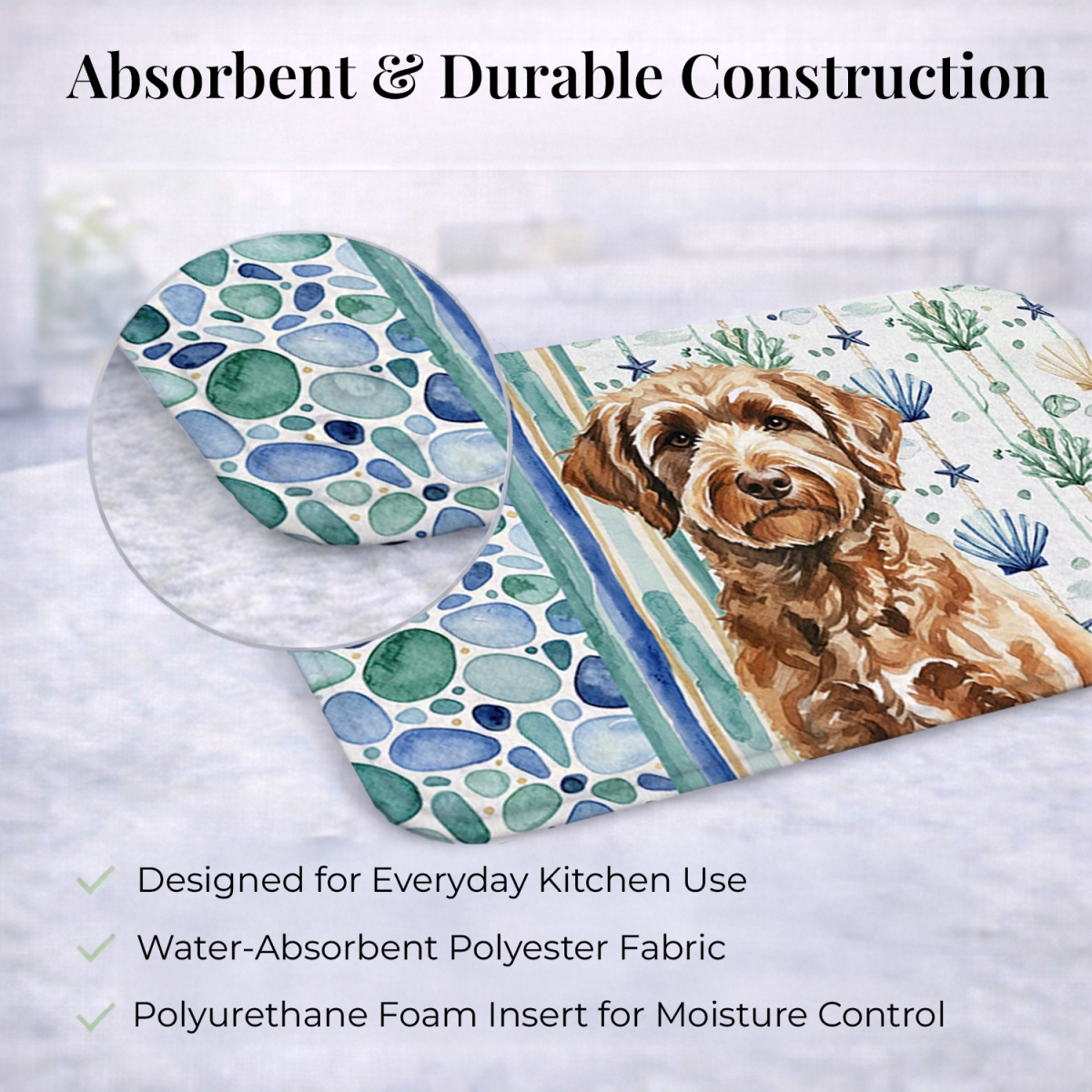 Picture of Carolines Treasures WDK7090DDM 21 x 14 in. Chocolate Labradoodle Coastal Sea Glass Dish Drying Mat