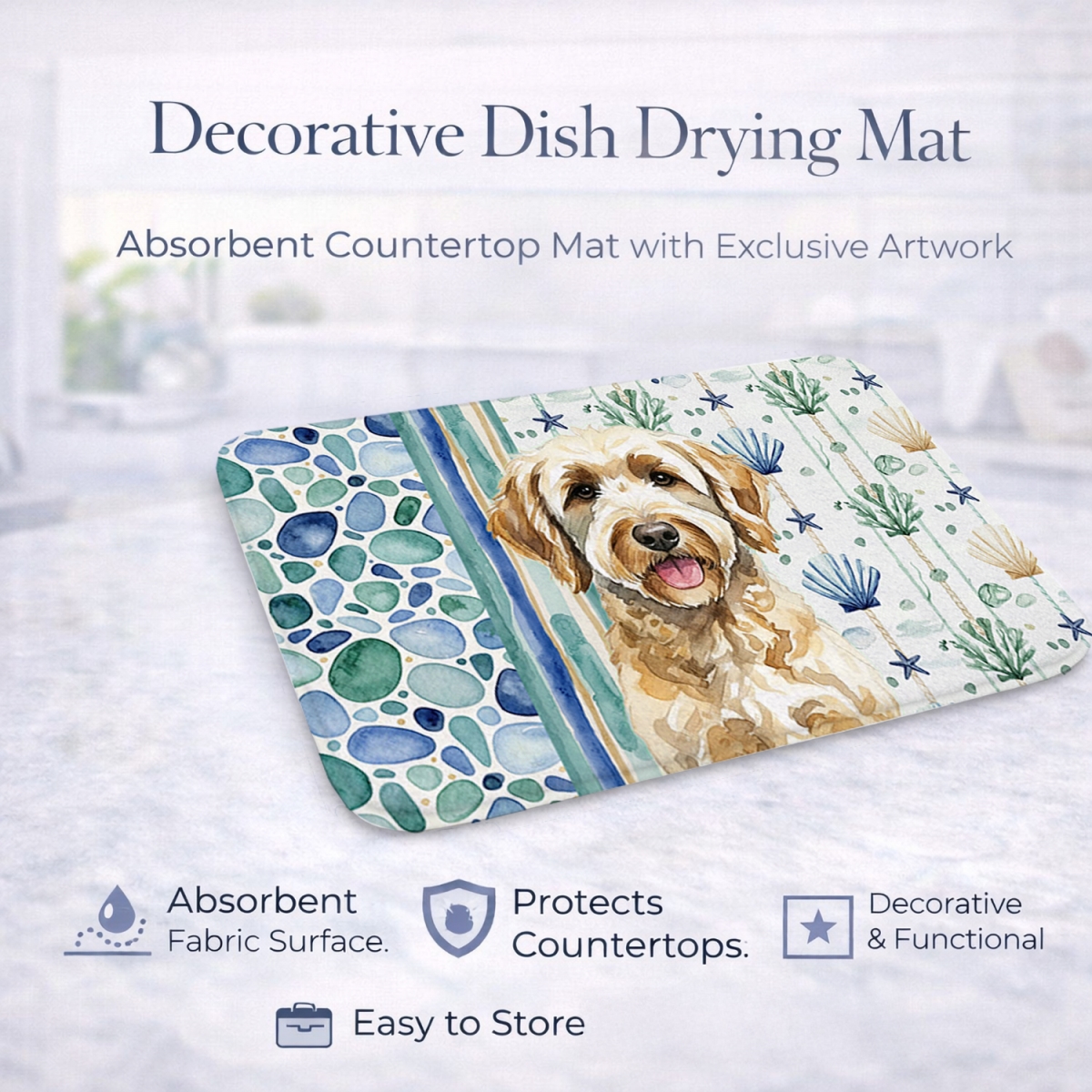 Picture of Carolines Treasures WDK7091DDM 21 x 14 in. Yellow Labradoodle Coastal Sea Glass Dish Drying Mat
