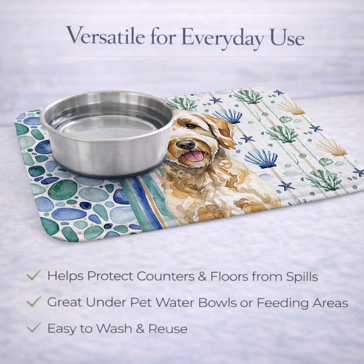 Picture of Carolines Treasures WDK7091DDM 21 x 14 in. Yellow Labradoodle Coastal Sea Glass Dish Drying Mat