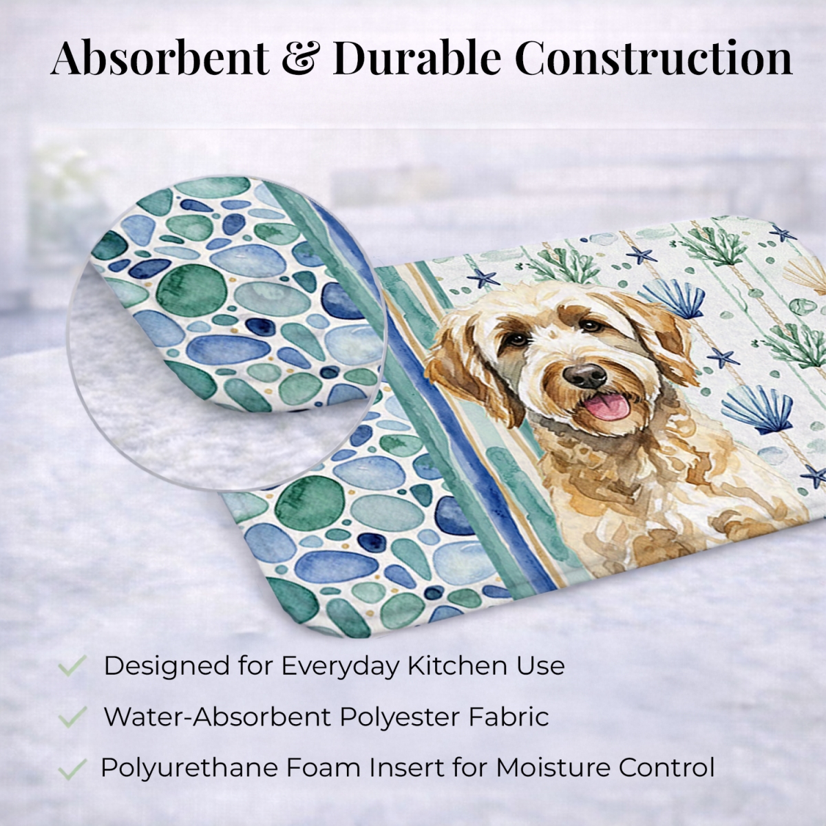 Picture of Carolines Treasures WDK7091DDM 21 x 14 in. Yellow Labradoodle Coastal Sea Glass Dish Drying Mat