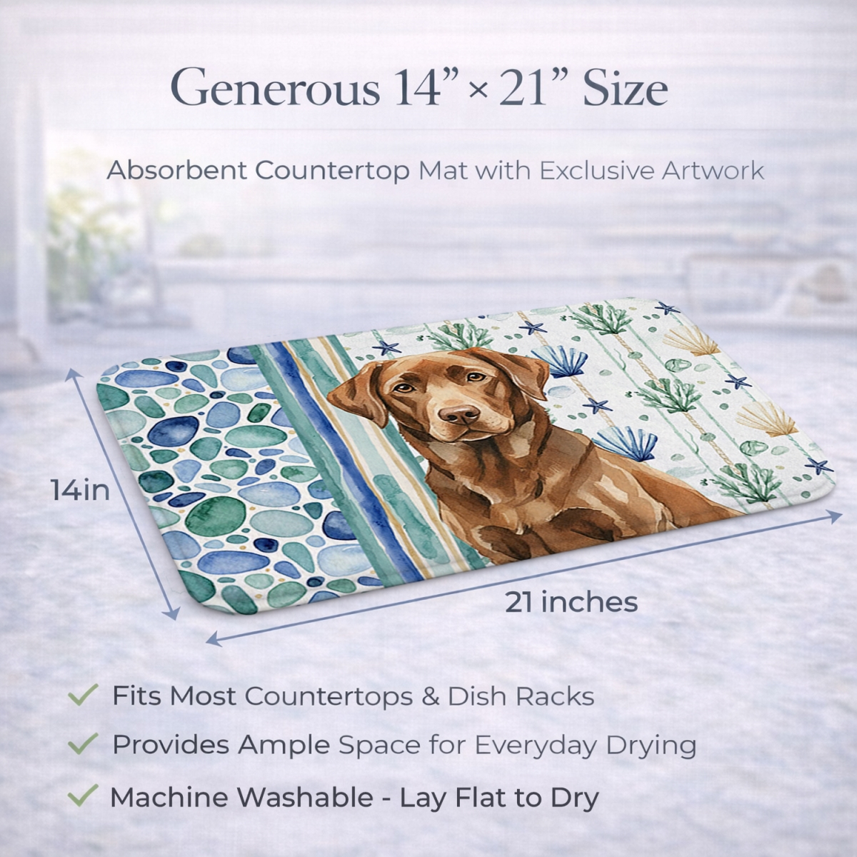 Picture of Carolines Treasures WDK7093DDM 21 x 14 in. Chocolate Labrador Retriever Coastal Sea Glass Dish Drying Mat