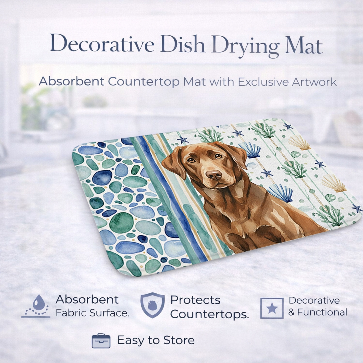 Picture of Carolines Treasures WDK7093DDM 21 x 14 in. Chocolate Labrador Retriever Coastal Sea Glass Dish Drying Mat