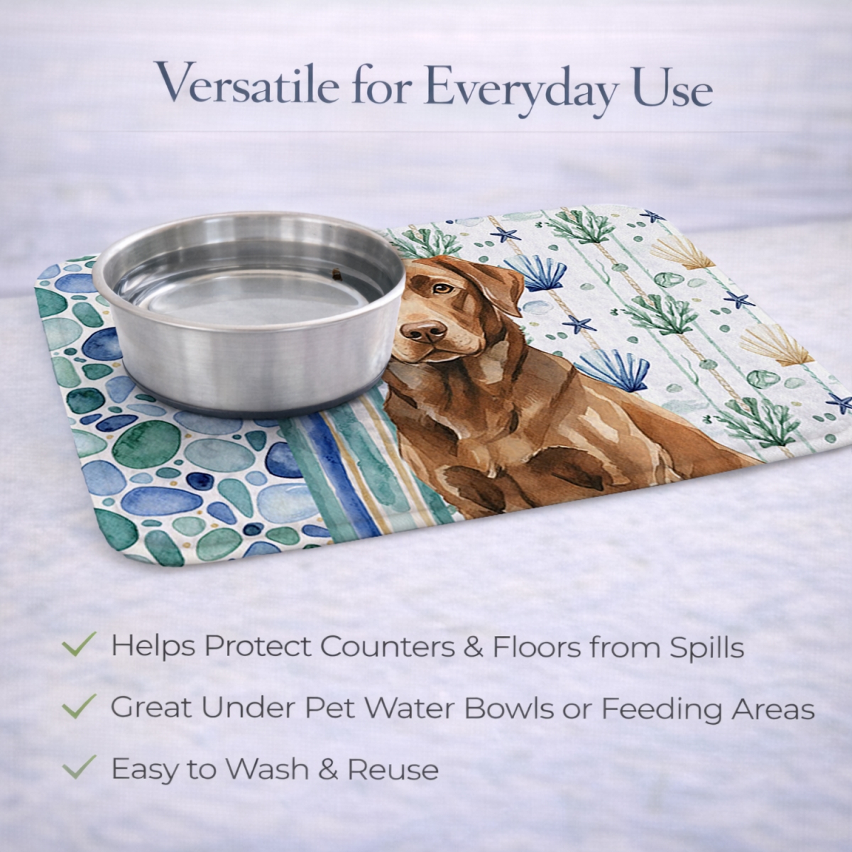 Picture of Carolines Treasures WDK7093DDM 21 x 14 in. Chocolate Labrador Retriever Coastal Sea Glass Dish Drying Mat