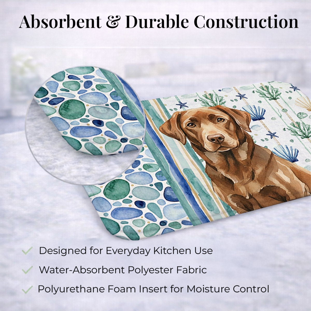 Picture of Carolines Treasures WDK7093DDM 21 x 14 in. Chocolate Labrador Retriever Coastal Sea Glass Dish Drying Mat