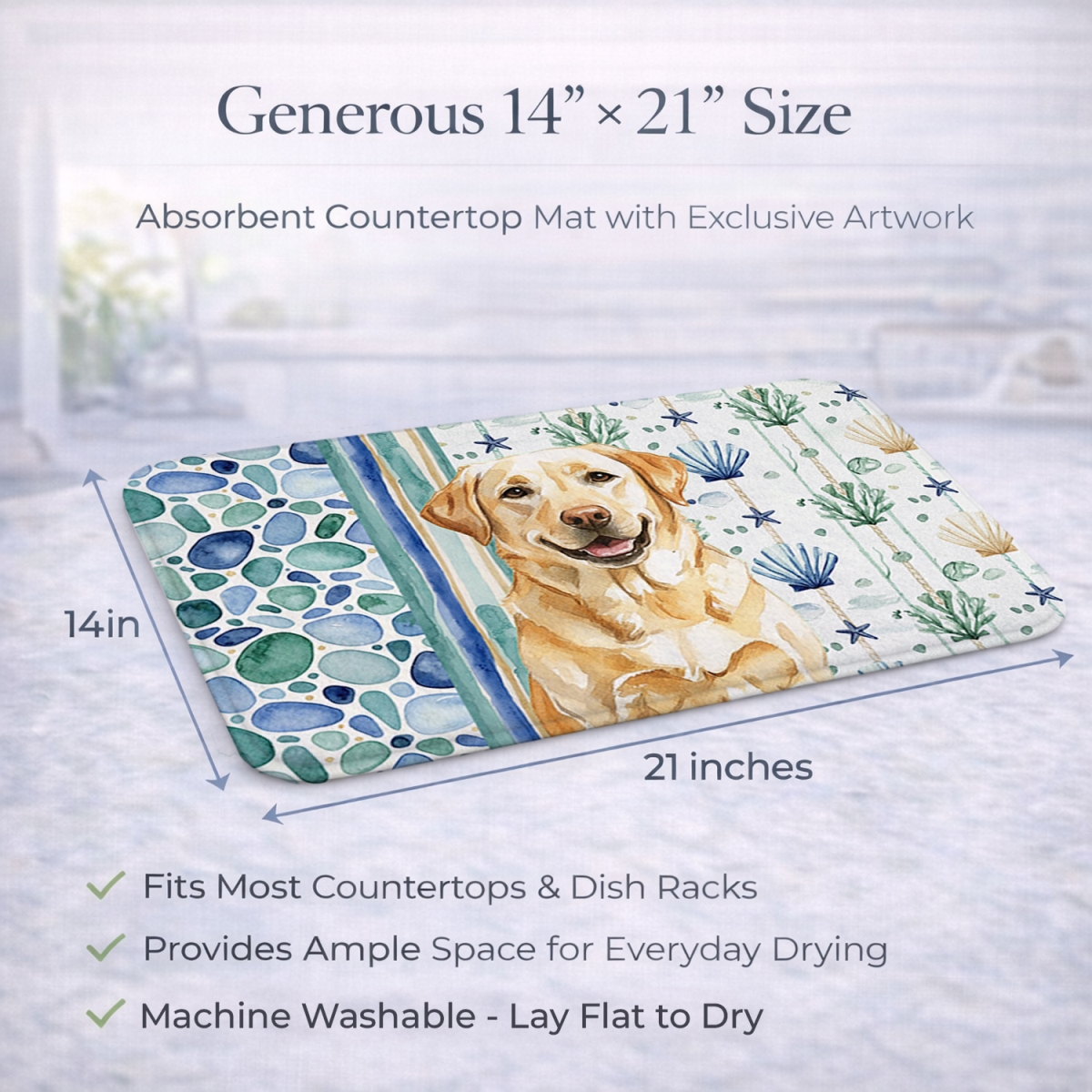 Picture of Carolines Treasures WDK7094DDM 21 x 14 in. Yellow Labrador Retriever Coastal Sea Glass Dish Drying Mat