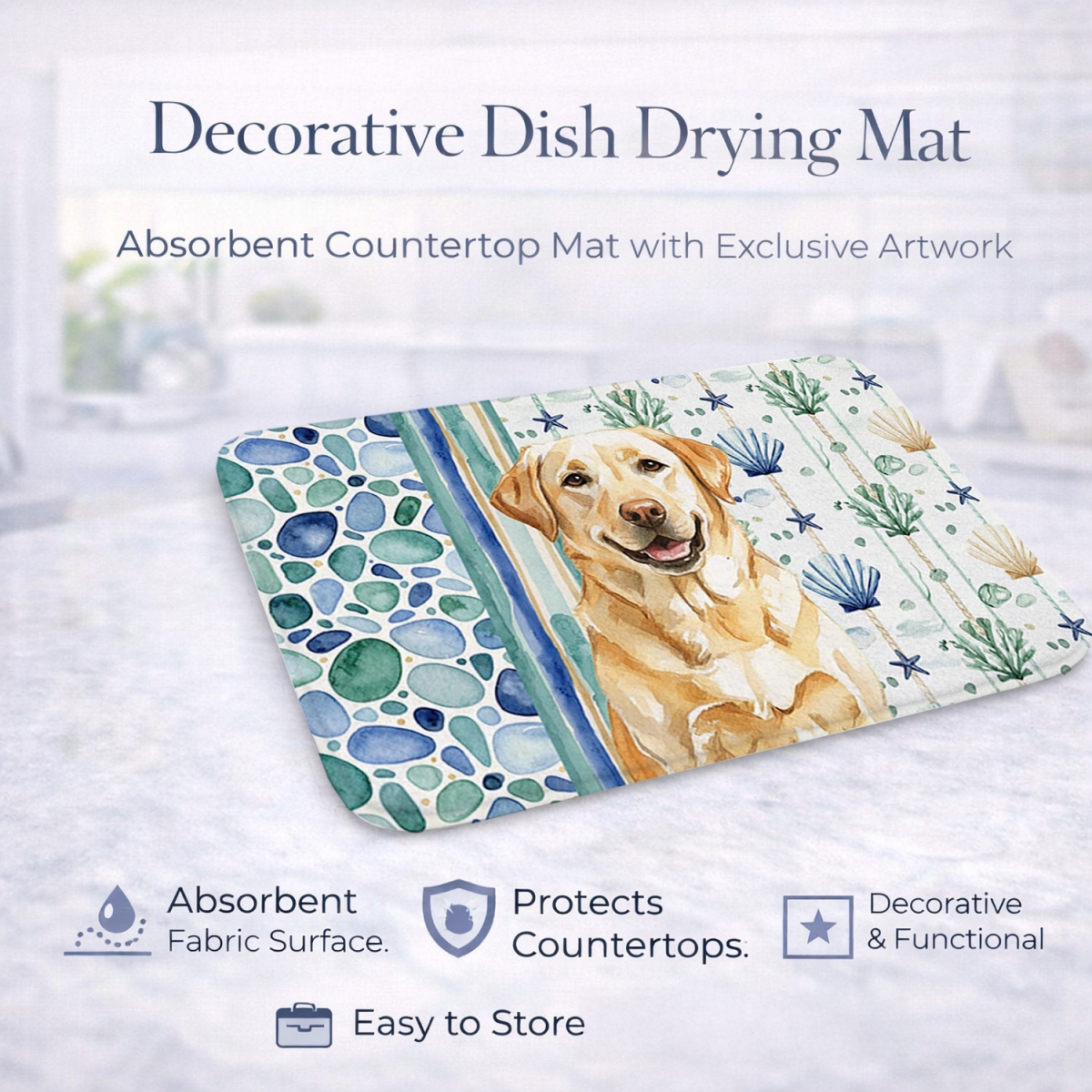 Picture of Carolines Treasures WDK7094DDM 21 x 14 in. Yellow Labrador Retriever Coastal Sea Glass Dish Drying Mat