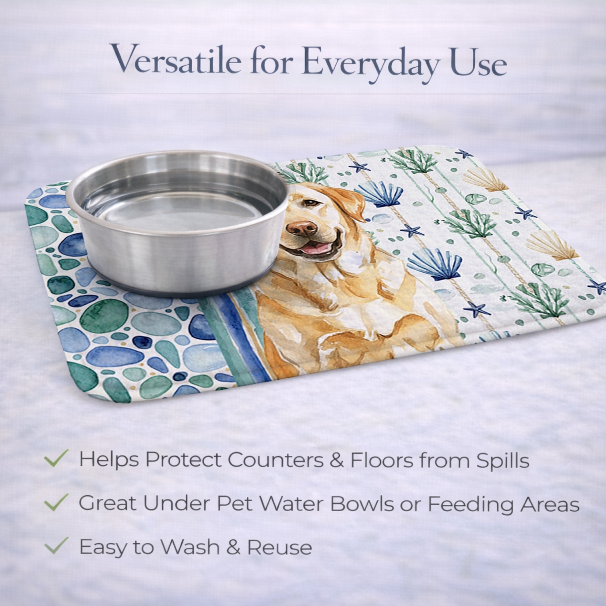 Picture of Carolines Treasures WDK7094DDM 21 x 14 in. Yellow Labrador Retriever Coastal Sea Glass Dish Drying Mat