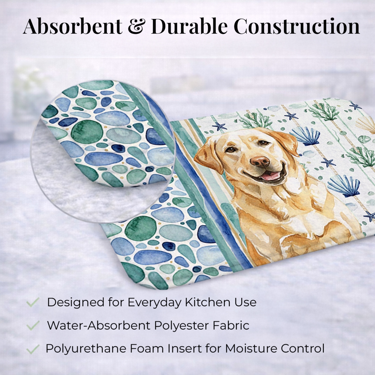 Picture of Carolines Treasures WDK7094DDM 21 x 14 in. Yellow Labrador Retriever Coastal Sea Glass Dish Drying Mat