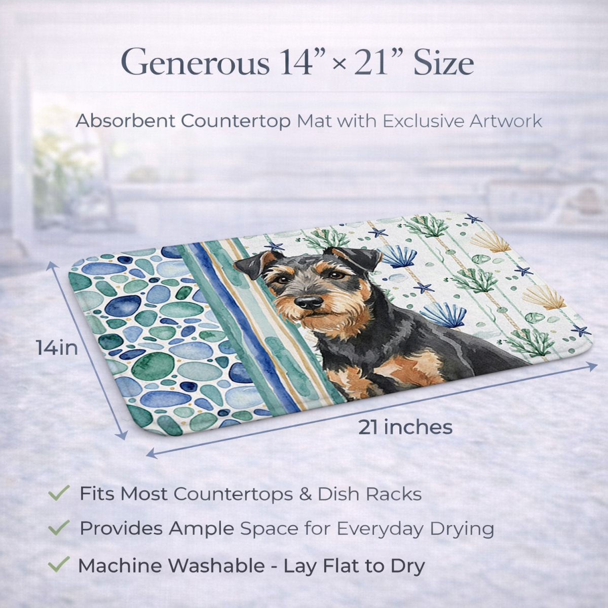 Picture of Carolines Treasures WDK7096DDM 21 x 14 in. Black & Tan Lakeland Terrier Coastal Sea Glass Dish Drying Mat