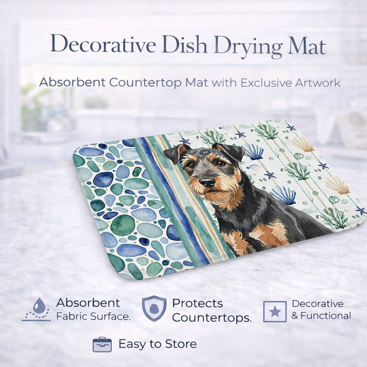 Picture of Carolines Treasures WDK7096DDM 21 x 14 in. Black & Tan Lakeland Terrier Coastal Sea Glass Dish Drying Mat