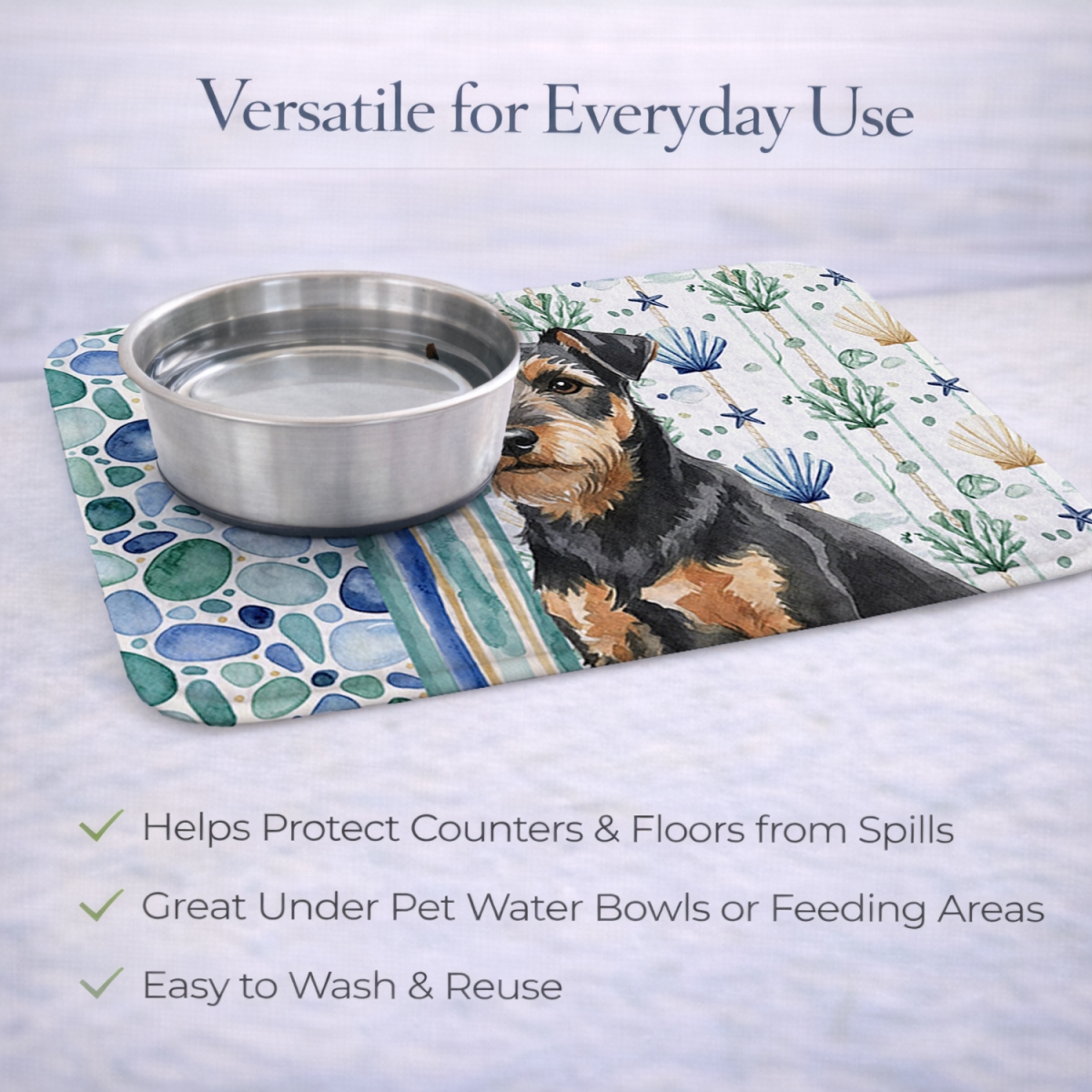 Picture of Carolines Treasures WDK7096DDM 21 x 14 in. Black & Tan Lakeland Terrier Coastal Sea Glass Dish Drying Mat
