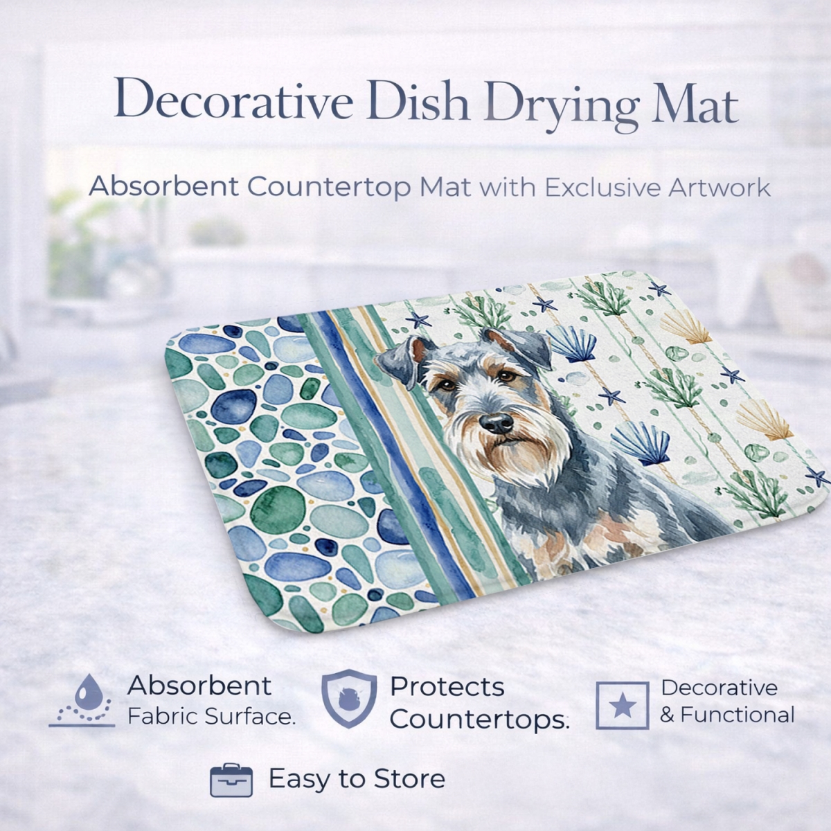 Picture of Carolines Treasures WDK7097DDM 21 x 14 in. Blue Lakeland Terrier Coastal Sea Glass Dish Drying Mat