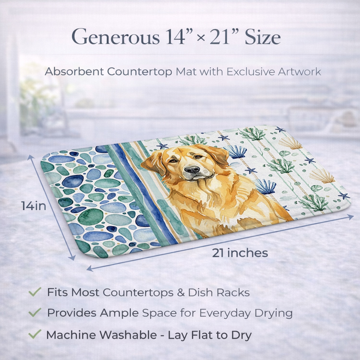 Picture of Carolines Treasures WDK7098DDM 21 x 14 in. Lion Yellow Leonberger Coastal Sea Glass Dish Drying Mat