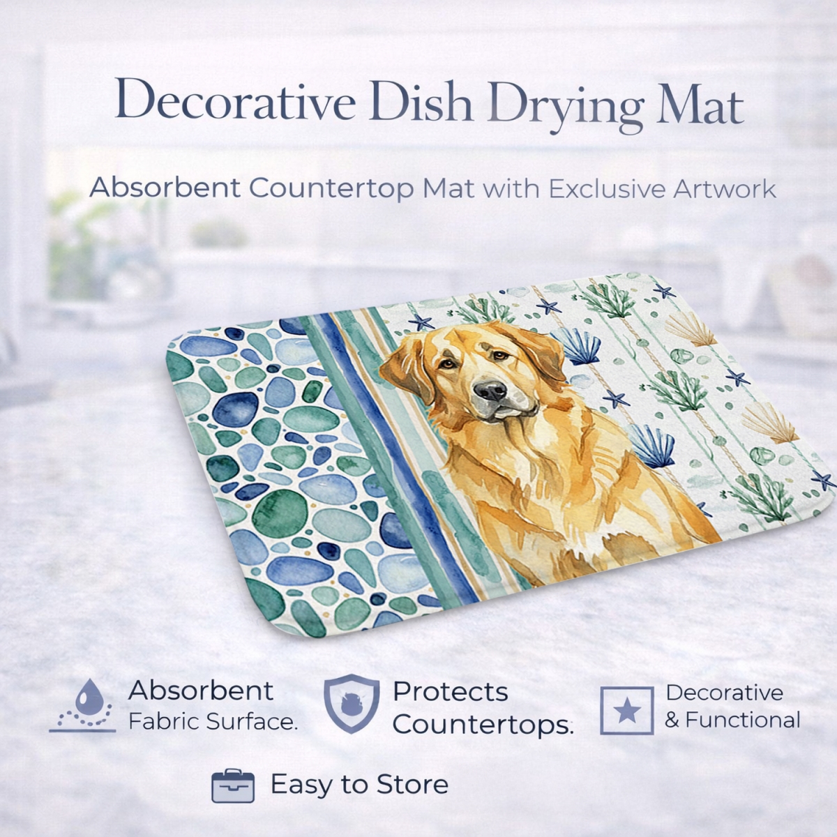 Picture of Carolines Treasures WDK7098DDM 21 x 14 in. Lion Yellow Leonberger Coastal Sea Glass Dish Drying Mat