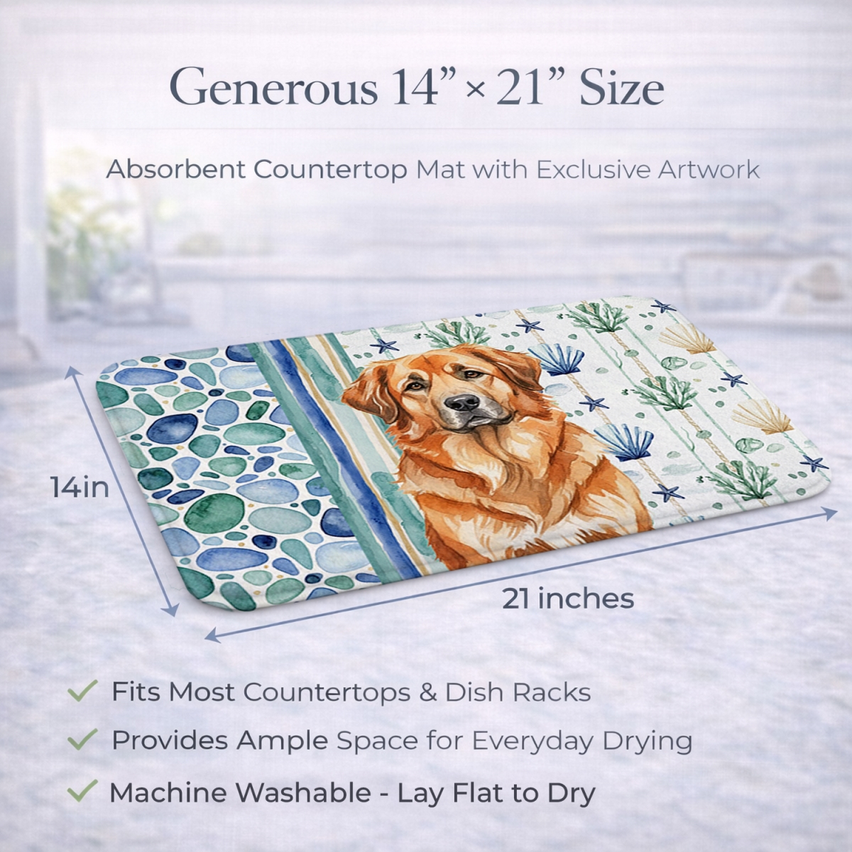 Picture of Carolines Treasures WDK7099DDM 21 x 14 in. Red Leonberger Coastal Sea Glass Dish Drying Mat
