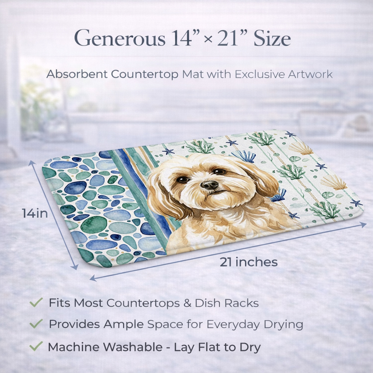 Picture of Carolines Treasures WDK7102DDM 21 x 14 in. Cream Lhasa Apso Coastal Sea Glass Dish Drying Mat