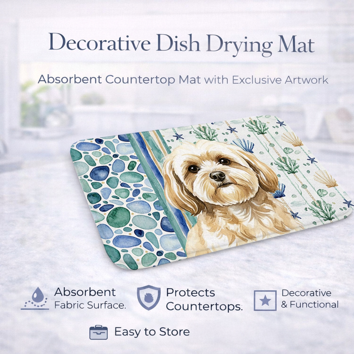 Picture of Carolines Treasures WDK7102DDM 21 x 14 in. Cream Lhasa Apso Coastal Sea Glass Dish Drying Mat