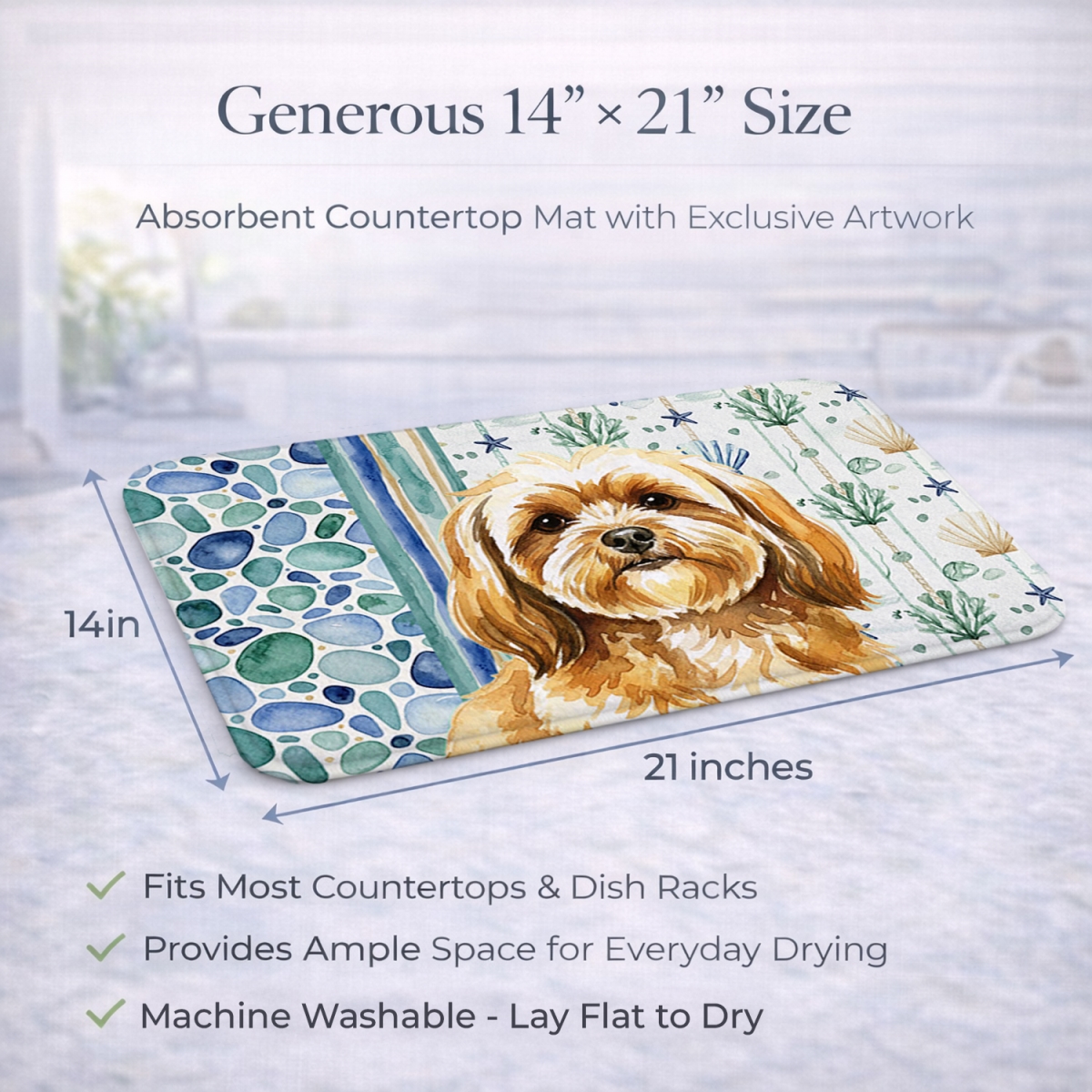 Picture of Carolines Treasures WDK7103DDM 21 x 14 in. Gold Lhasa Apso Coastal Sea Glass Dish Drying Mat