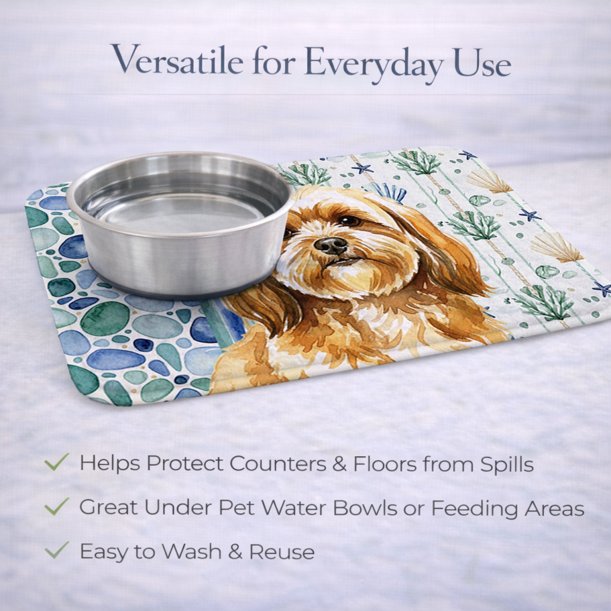 Picture of Carolines Treasures WDK7103DDM 21 x 14 in. Gold Lhasa Apso Coastal Sea Glass Dish Drying Mat