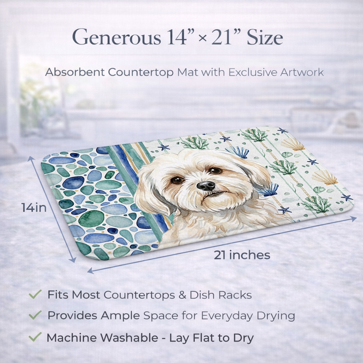 Picture of Carolines Treasures WDK7105DDM 21 x 14 in. White Lhasa Apso Coastal Sea Glass Dish Drying Mat