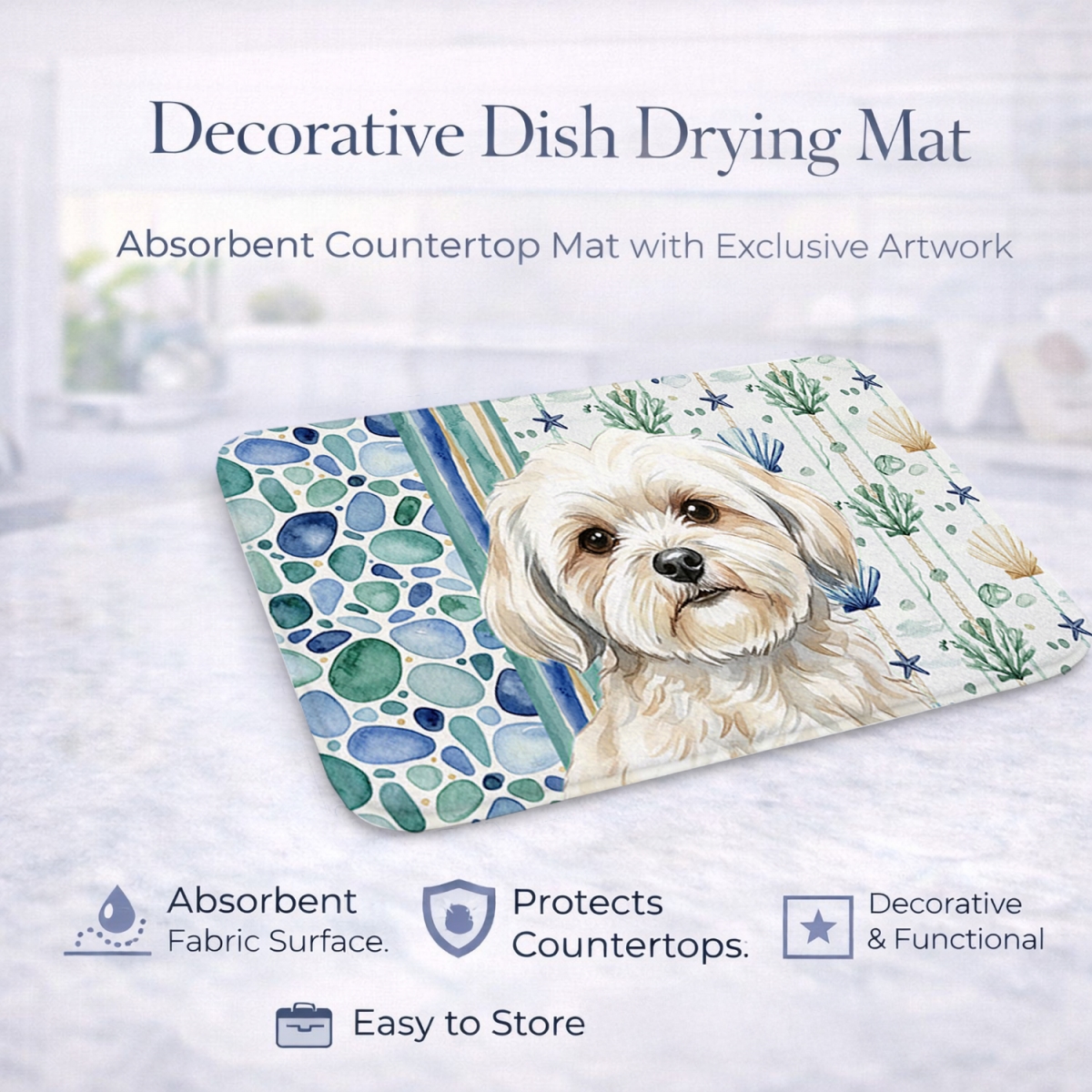 Picture of Carolines Treasures WDK7105DDM 21 x 14 in. White Lhasa Apso Coastal Sea Glass Dish Drying Mat