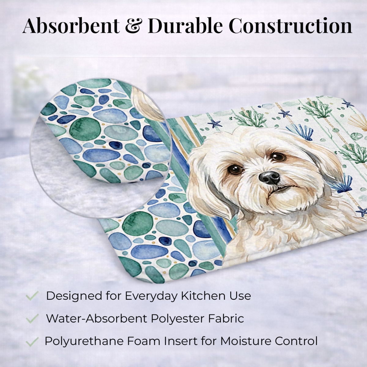 Picture of Carolines Treasures WDK7105DDM 21 x 14 in. White Lhasa Apso Coastal Sea Glass Dish Drying Mat