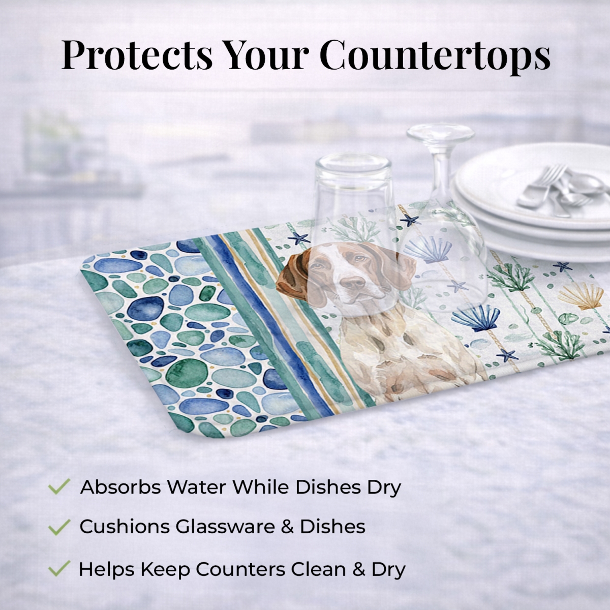Picture of Carolines Treasures WDK7155DDM 21 x 14 in. Liver & White Pointer Coastal Sea Glass Dish Drying Mat