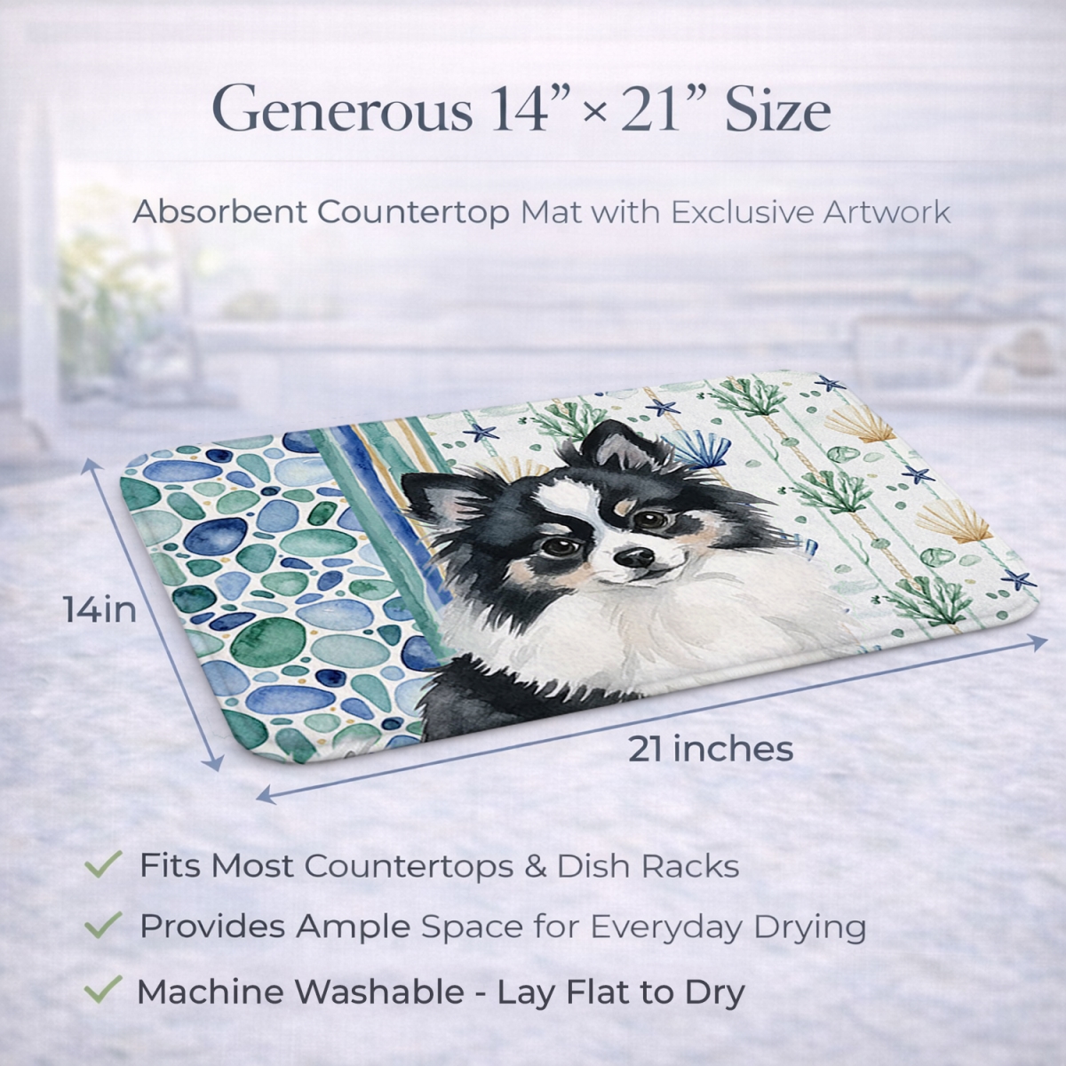 Picture of Carolines Treasures WDK7158DDM 21 x 14 in. Black & White Pomeranian Coastal Sea Glass Dish Drying Mat