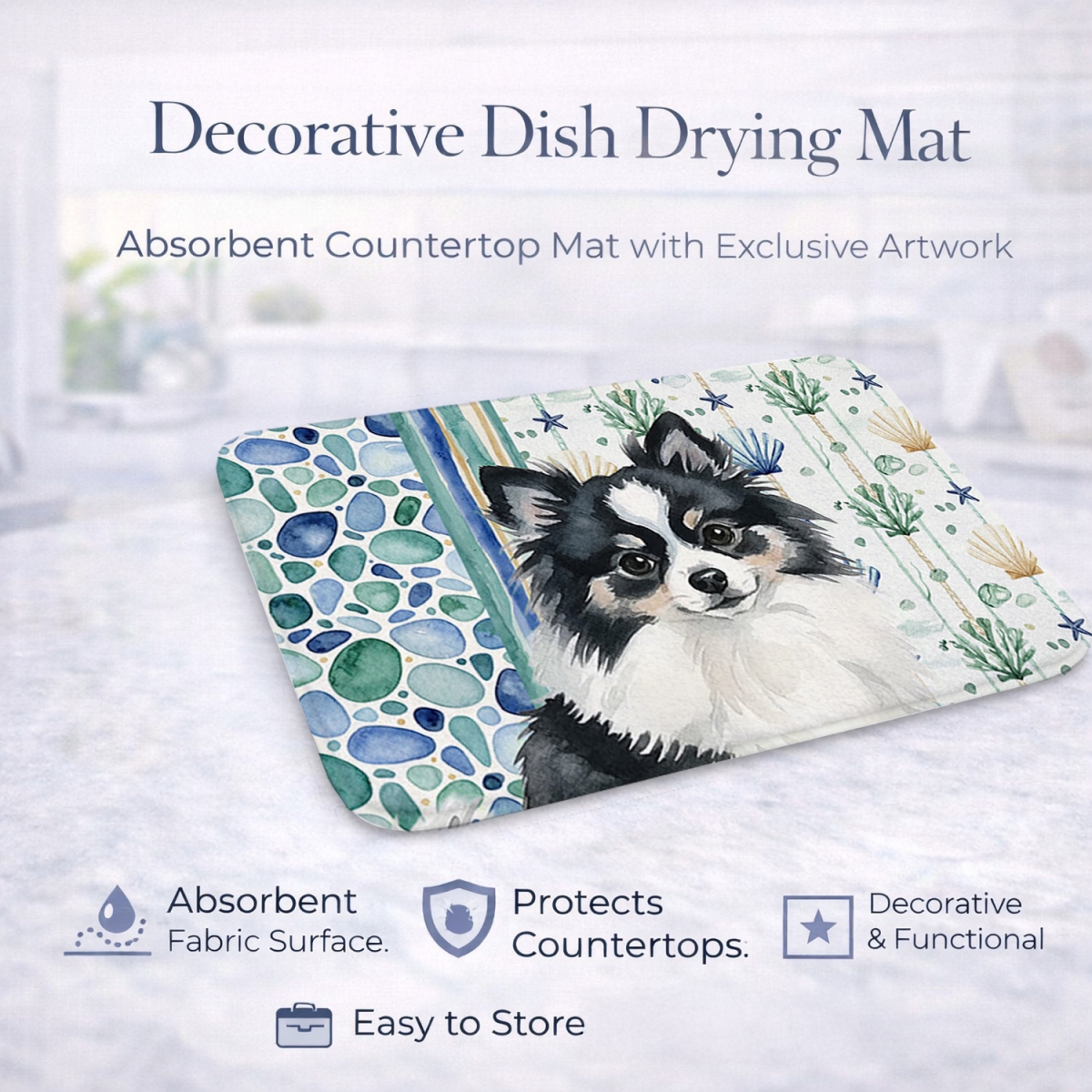 Picture of Carolines Treasures WDK7158DDM 21 x 14 in. Black & White Pomeranian Coastal Sea Glass Dish Drying Mat