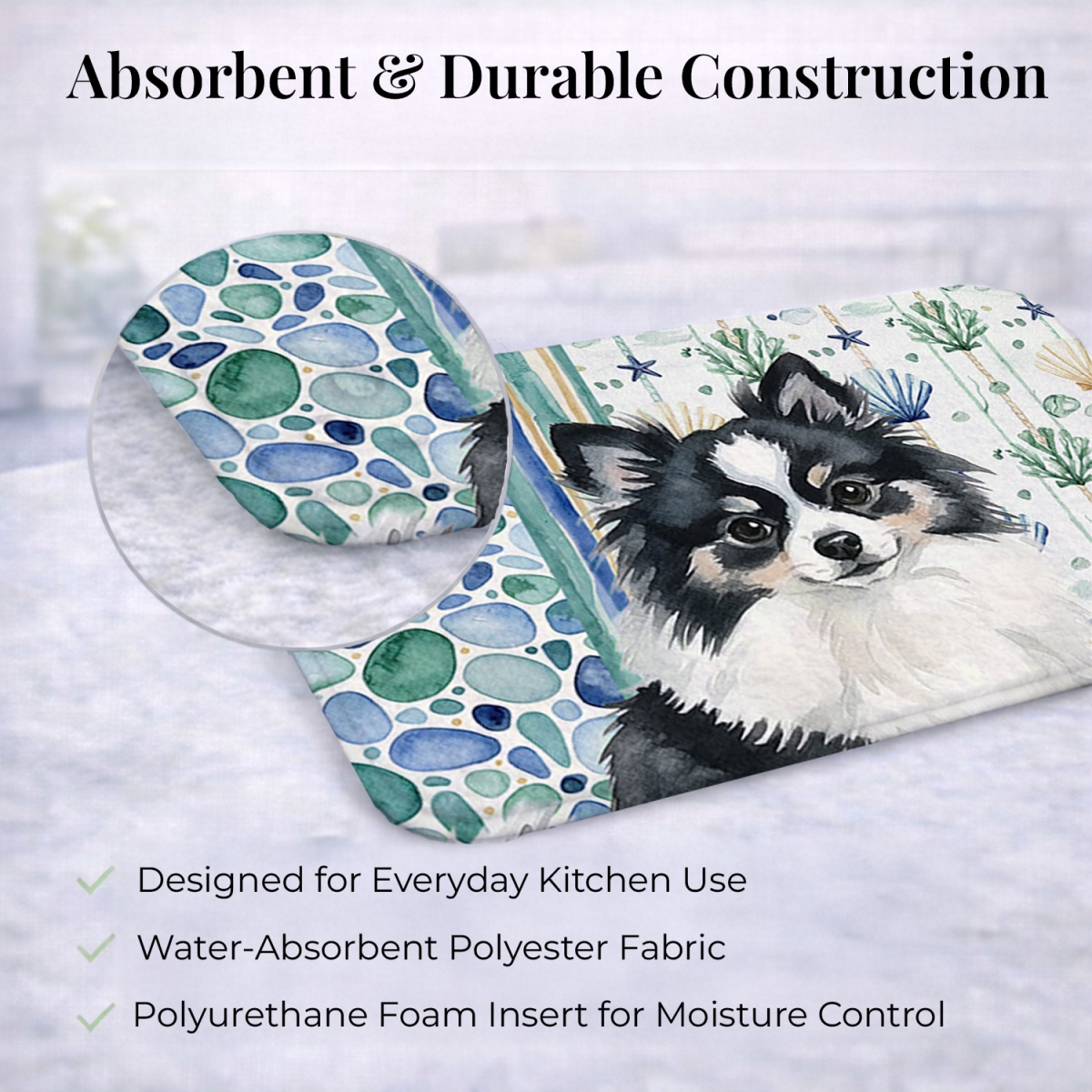 Picture of Carolines Treasures WDK7158DDM 21 x 14 in. Black & White Pomeranian Coastal Sea Glass Dish Drying Mat
