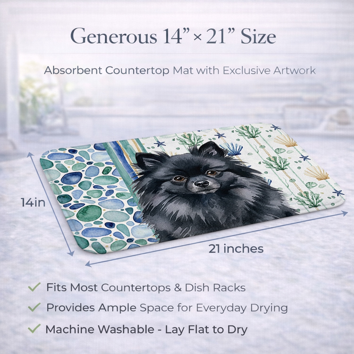 Picture of Carolines Treasures WDK7159DDM 21 x 14 in. Black Pomeranian Coastal Sea Glass Dish Drying Mat