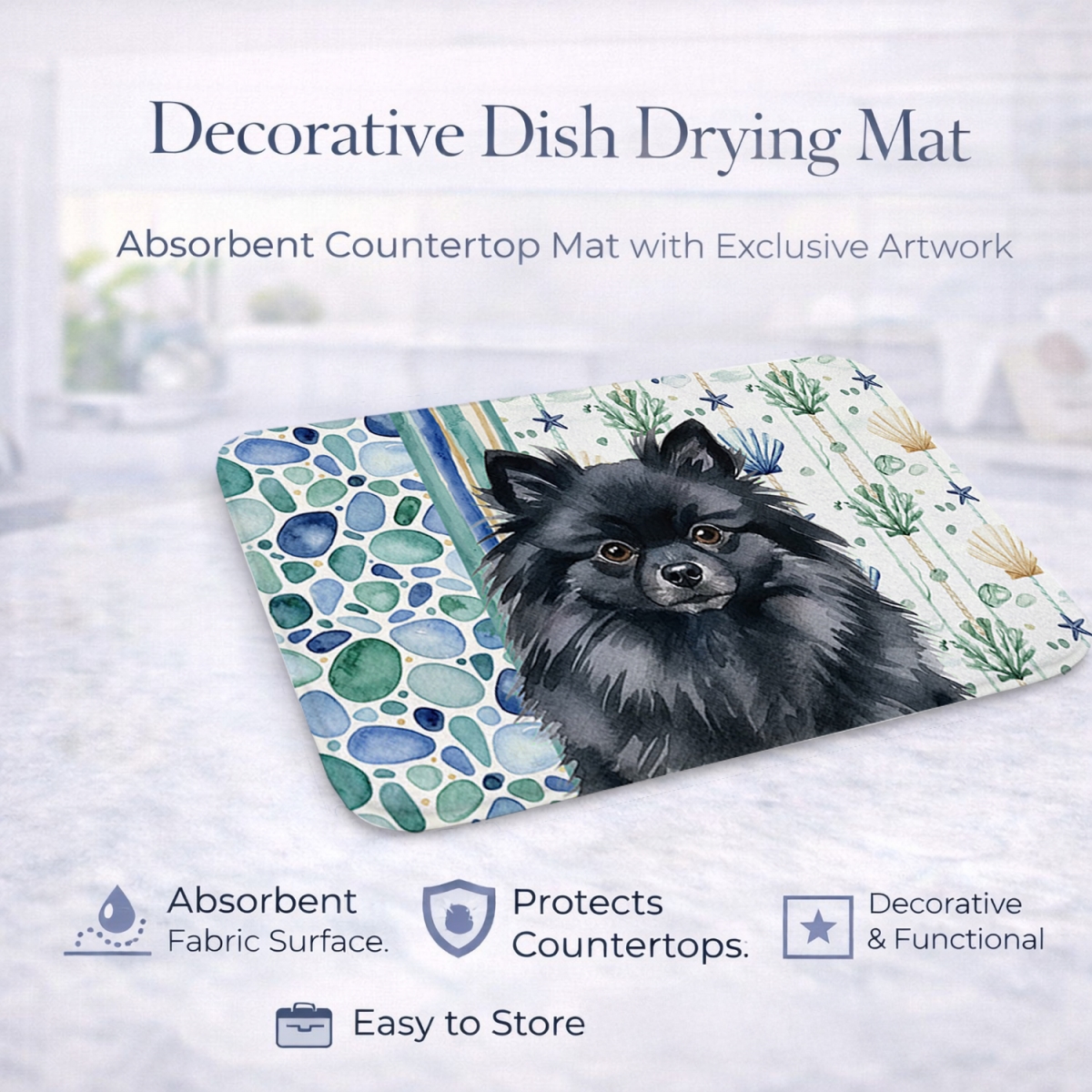 Picture of Carolines Treasures WDK7159DDM 21 x 14 in. Black Pomeranian Coastal Sea Glass Dish Drying Mat