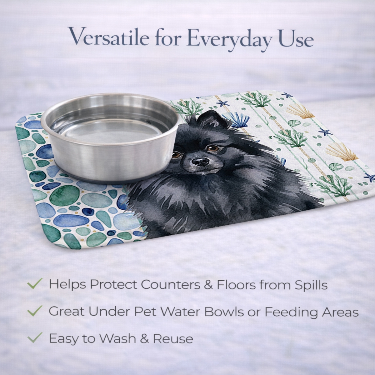 Picture of Carolines Treasures WDK7159DDM 21 x 14 in. Black Pomeranian Coastal Sea Glass Dish Drying Mat