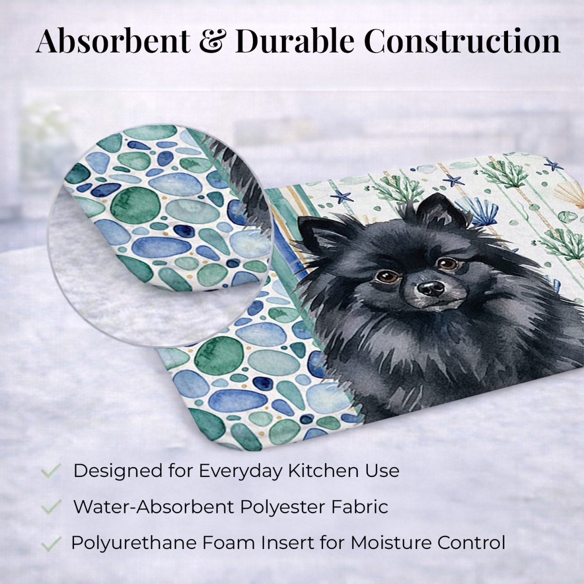 Picture of Carolines Treasures WDK7159DDM 21 x 14 in. Black Pomeranian Coastal Sea Glass Dish Drying Mat