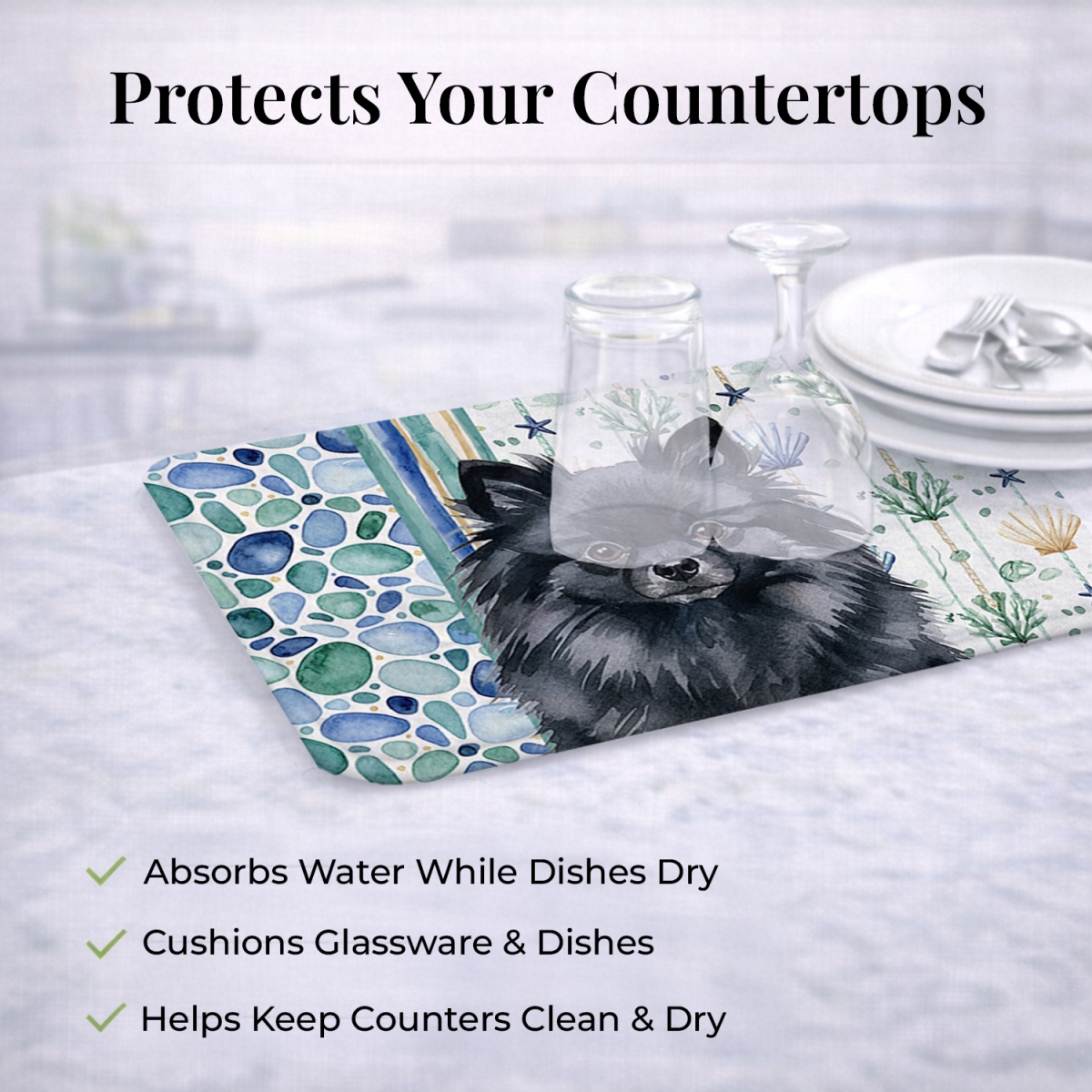Picture of Carolines Treasures WDK7159DDM 21 x 14 in. Black Pomeranian Coastal Sea Glass Dish Drying Mat