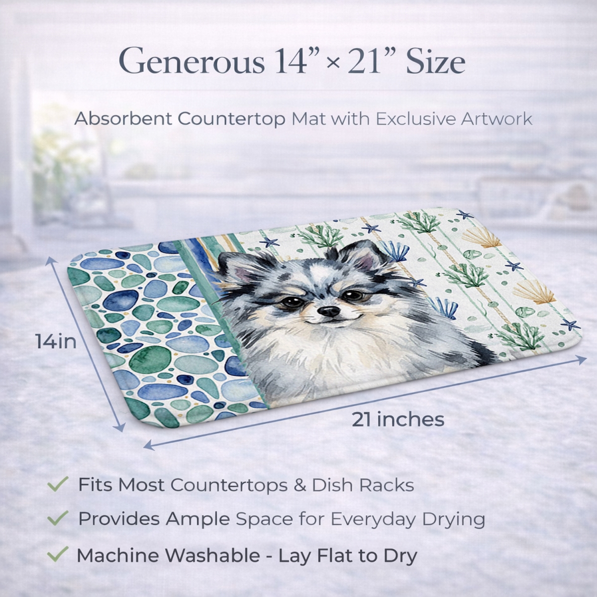 Picture of Carolines Treasures WDK7160DDM 21 x 14 in. Blue Merle Pomeranian Coastal Sea Glass Dish Drying Mat