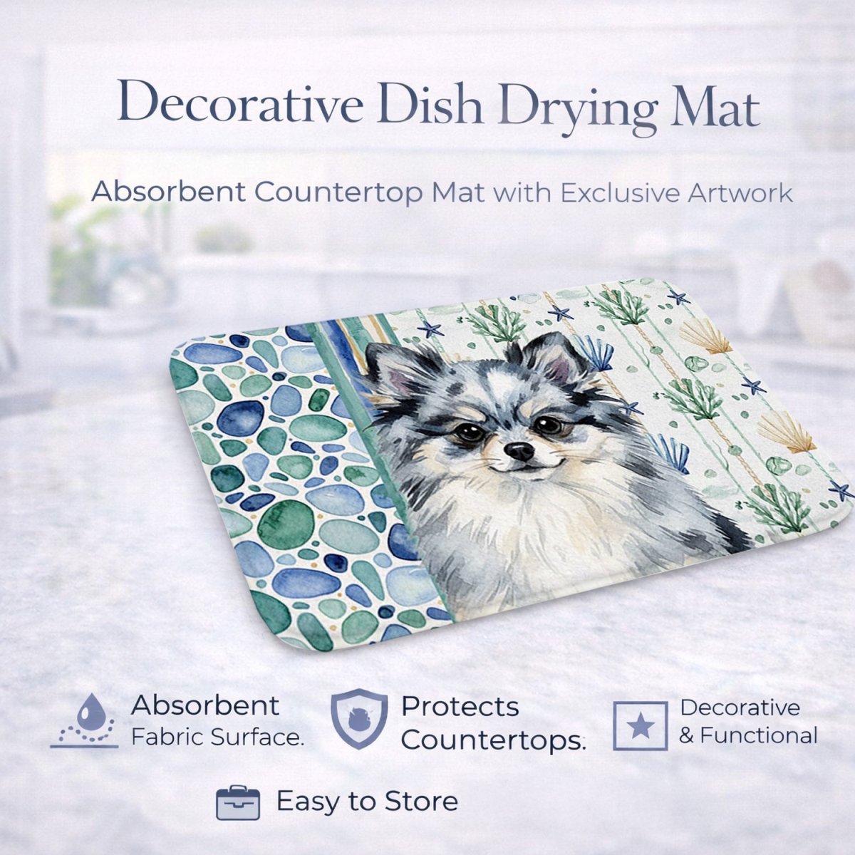 Picture of Carolines Treasures WDK7160DDM 21 x 14 in. Blue Merle Pomeranian Coastal Sea Glass Dish Drying Mat