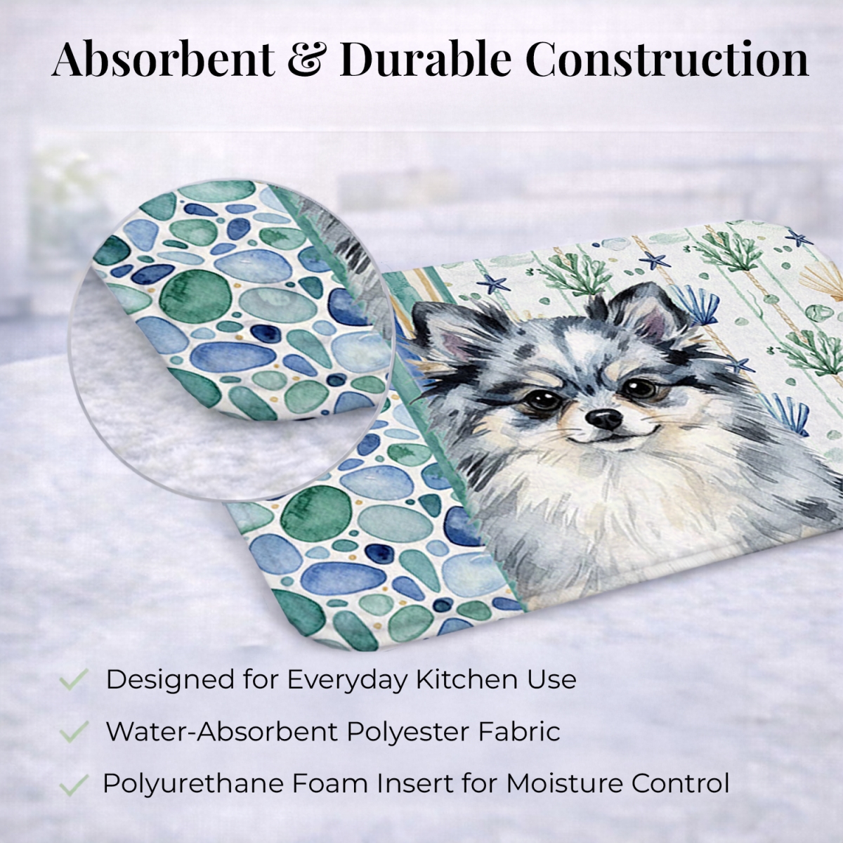 Picture of Carolines Treasures WDK7160DDM 21 x 14 in. Blue Merle Pomeranian Coastal Sea Glass Dish Drying Mat