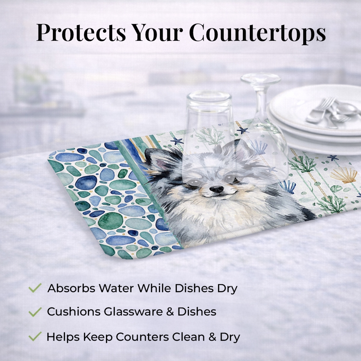 Picture of Carolines Treasures WDK7160DDM 21 x 14 in. Blue Merle Pomeranian Coastal Sea Glass Dish Drying Mat