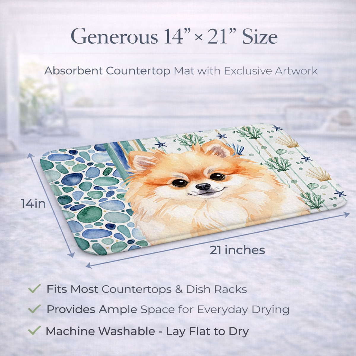 Picture of Carolines Treasures WDK7161DDM 21 x 14 in. Pomeranian Coastal Sea Glass Dish Drying Mat