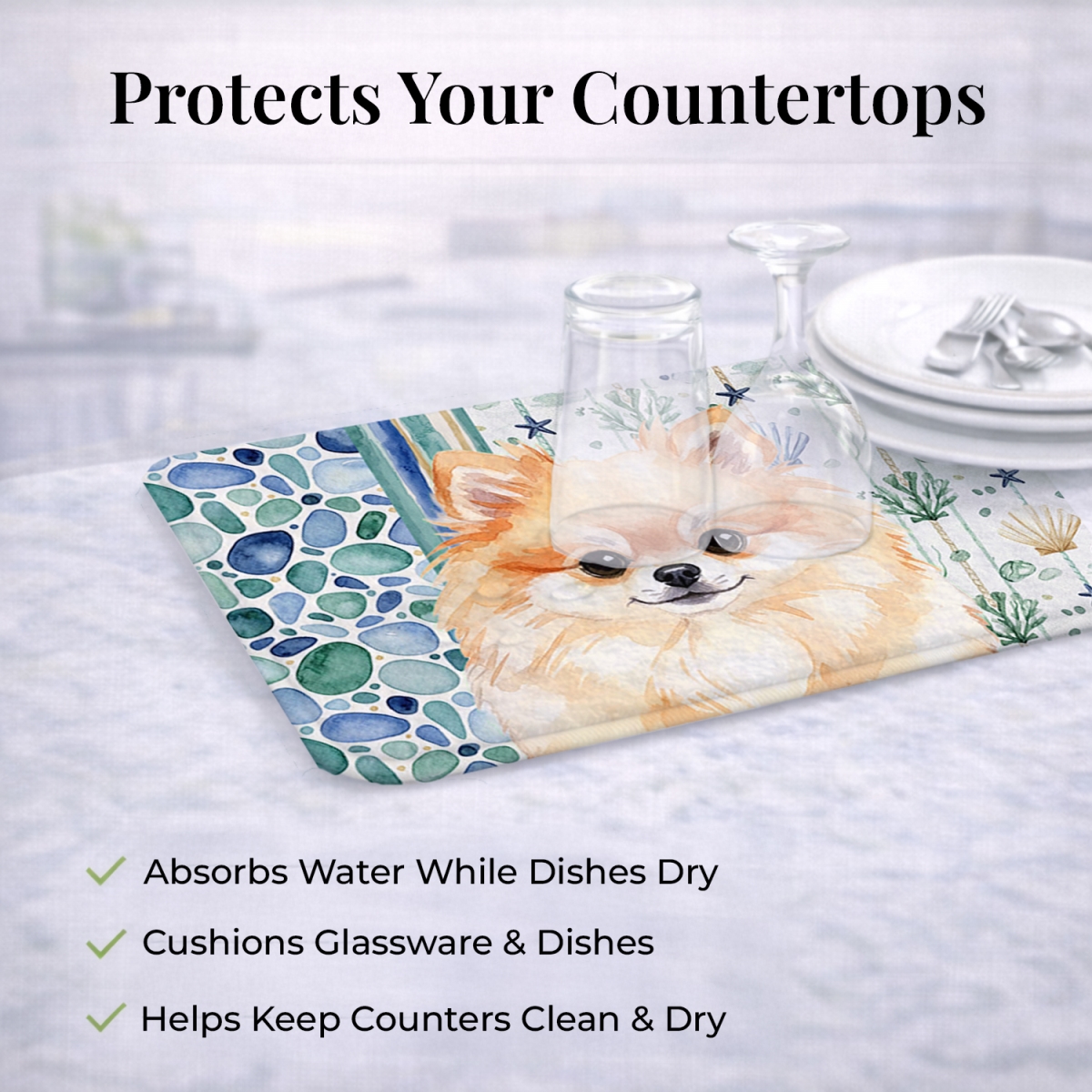 Picture of Carolines Treasures WDK7161DDM 21 x 14 in. Pomeranian Coastal Sea Glass Dish Drying Mat
