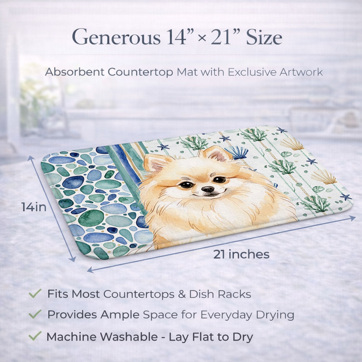 Picture of Carolines Treasures WDK7162DDM 21 x 14 in. Cream Pomeranian Coastal Sea Glass Dish Drying Mat