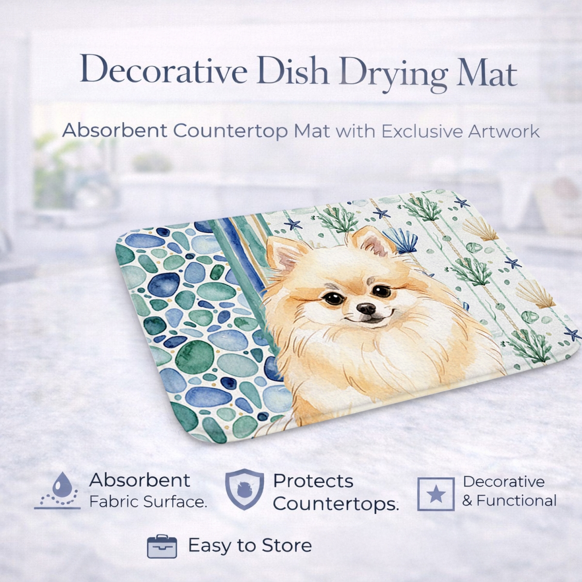 Picture of Carolines Treasures WDK7162DDM 21 x 14 in. Cream Pomeranian Coastal Sea Glass Dish Drying Mat