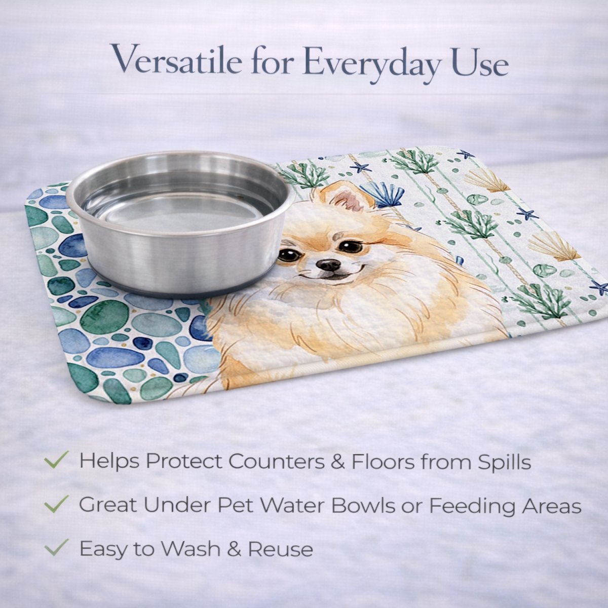 Picture of Carolines Treasures WDK7162DDM 21 x 14 in. Cream Pomeranian Coastal Sea Glass Dish Drying Mat