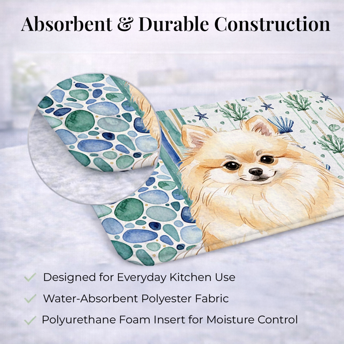 Picture of Carolines Treasures WDK7162DDM 21 x 14 in. Cream Pomeranian Coastal Sea Glass Dish Drying Mat