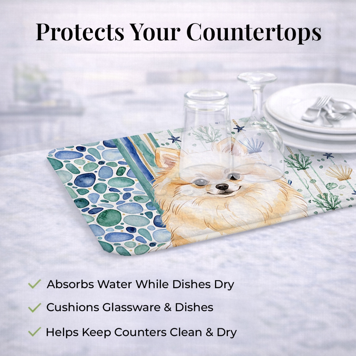 Picture of Carolines Treasures WDK7162DDM 21 x 14 in. Cream Pomeranian Coastal Sea Glass Dish Drying Mat
