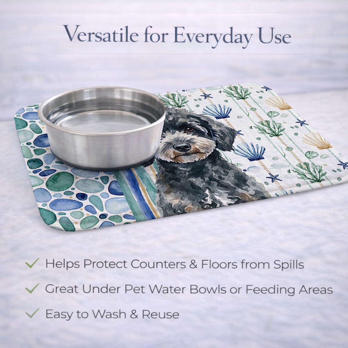 Picture of Carolines Treasures WDK7164DDM 21 x 14 in. Miniature Black Poodle Coastal Sea Glass Dish Drying Mat