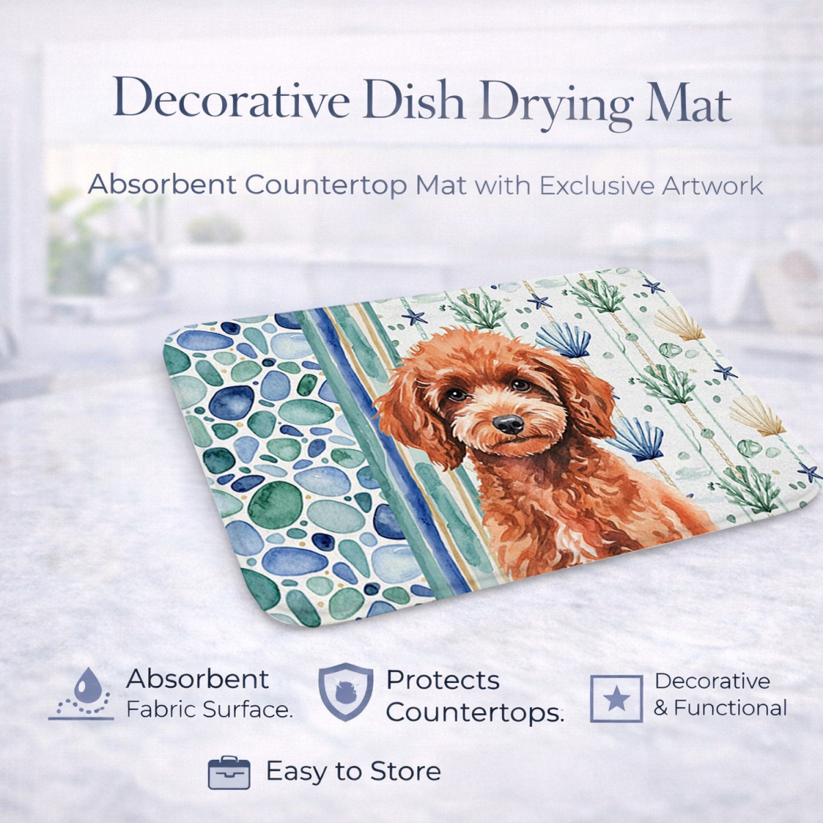 Picture of Carolines Treasures WDK7166DDM 21 x 14 in. Miniature Red Poodle Coastal Sea Glass Dish Drying Mat